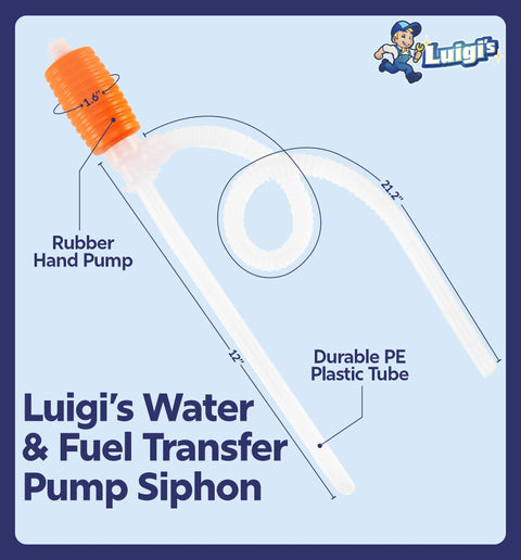 Luigi's Siphon Pump with rubber hand pump and two clear PE hoses for water and fuel transfer.