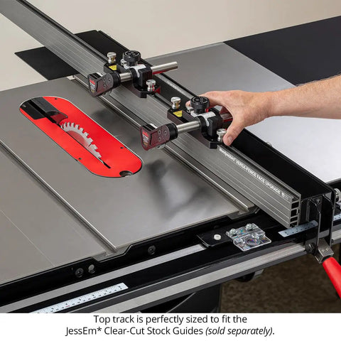 Heavy Duty Featherboard Mount For Table Saw Safety And Killer Grip On Workpieces With Dead Nuts Positioning And Quick Setup in use on table saw.
