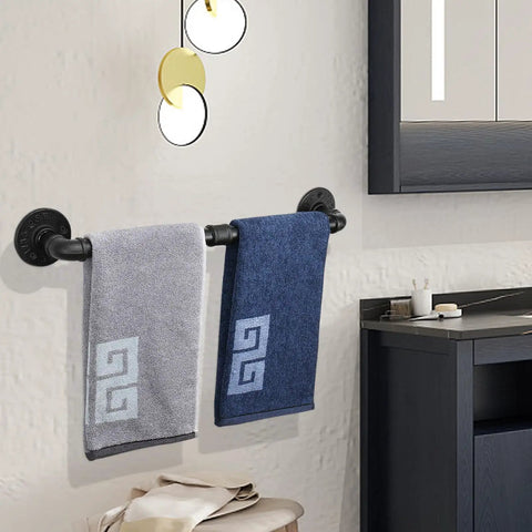 Industrial Pipe Towel Bar Wall Mount For Bathroom Built To Last Heavy Duty Rustic Iron Towel Rack Holder DIY Home Hardware Accessory 18 Inch Black Must Have For Towels Robes And More displaying towels in bathroom setting.