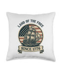 Patriotic USA Pride Throw Pillow With Red White And Blue Flag And Retro Sailboat Artwork For 4th Of July Home Decor Cushions And Living Room Decor Perfect Independence Day Gift featuring "Land of the Free Since 1776" and vintage ship design on a white polyester cushion.