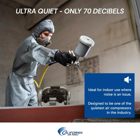 User operating an oil-free air compressor with spray gun indoors; highlighting Ultra Quiet Oil Free Air Compressor 2.0 Hp With 4.6 Gallon Tank Delivers Smooth 70 db Performance For Hustle Ready Crews Seeking Quiet Power Without A Grind Heavy Setup In Your Garage Or Workshop.