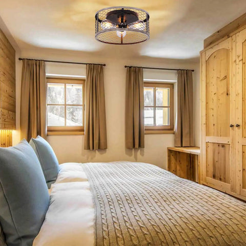 Bedroom with Rustic 3 Light Flush Mount Ceiling Fixture, Vintage Farmhouse Open Cage Metal Frame, Matte Wood Finish.
