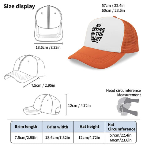 Size chart for lightweight dope baseball caps for men and women breathable soft feel sun shield sun hat, orange and white design