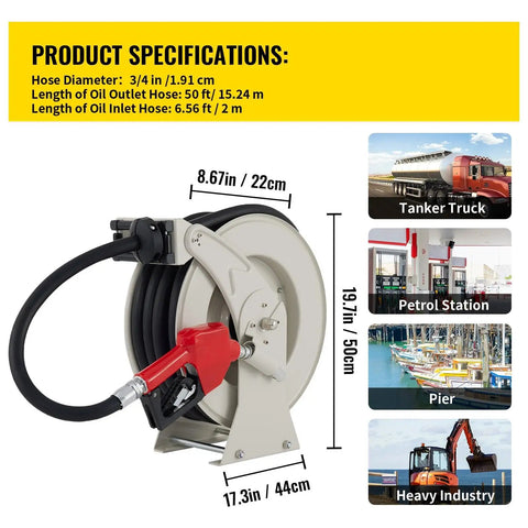 Heavy Duty Retractable Fuel Hose Reel With Automatic Refueling Gun For Diesel Gasoline Transfer with hose specifications.