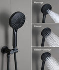 Matte black wall-mounted shower system with rainfall head and 3-setting handheld, hose included