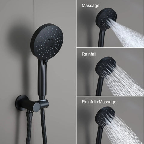 Matte black wall-mounted shower system with rainfall head and 3-setting handheld, hose included