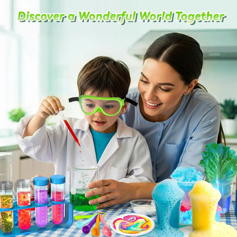 Child and adult using Hands On Science Kit With 250 Plus Experiments For Kids, STEM Activities, Volcano Eruption And Crystal Growth.