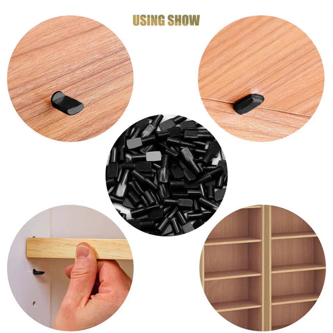 Heavy Duty 100 Pack Black Spoon Style Shelf Pins For Kitchen Cabinets And Home Bookshelves Snap Fit Adjustable Steel Pegs shown in use.