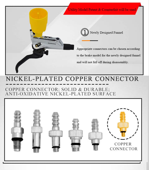 Bicycle Brake Bleed Kit For Shimano TEKTRO Magura Zoom And More Mineral Oil Hydraulic Disc Brake Tool Set Pro Grade Oil Not Included shown with funnel and connectors.