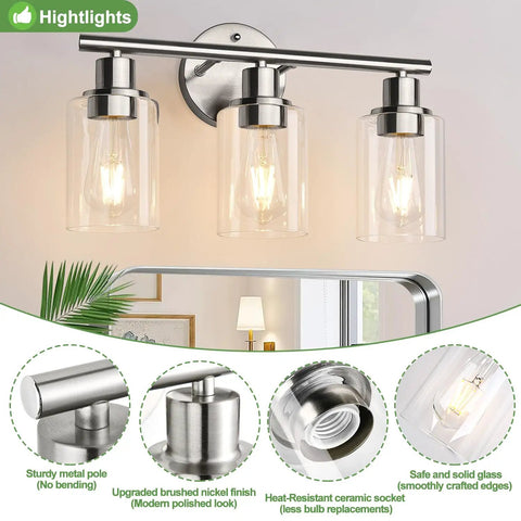 3 Light Brushed Nickel Vanity Light Fixture With Clear Glass Shades For Bathroom Mirror Glow Farmhouse Wall Sconce