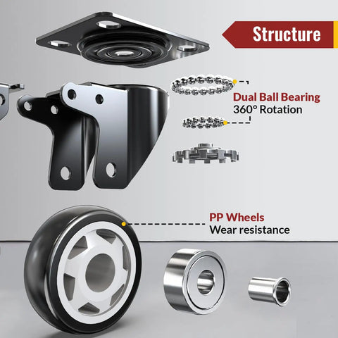 Beefy 4 Inch Heavy Duty Caster Wheels Set Of Eight With Rock Solid Swivel Locking Foot Pedals showing dual ball bearings and PP wheels.