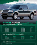 Ford truck parked with green fitment chart for compatible Ford and Lincoln models and engines, reference number 510110 HUB81.