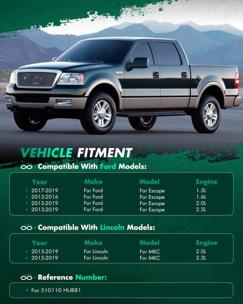 Ford truck parked with green fitment chart for compatible Ford and Lincoln models and engines, reference number 510110 HUB81.