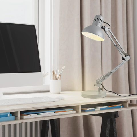 Matte gray desk setup with Black Accent Desk Lamp With Clamp Arm And Interchangeable Base, Architect Style Task Light.