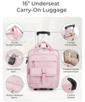 baby pink underseat carry-on luggage with wheels, combination lock, water-resistant fabric, padded laptop compartment, and sturdy handles by BAGSMART