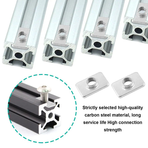 M5 Flat Sliding T Nuts 100 Pack For 2020 Series Aluminum Extrusion T Slot Profiles With 6mm Slot One Sixteenth Inch Thick Carbon Steel Build Heavy Duty Fastening Hardware For Quick Secure Adjustments, shown in 2020 aluminum extrusion slots