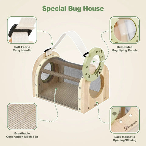 Eleven In One Wooden Bug Catching Kit For Kids Ages 4 8 Outdoor Explorer Set With Bug Habitat, Butterfly Net, Magnifying Glass, Compass, Tweezers, Learning Cards, And Battery Powered Bug Vacuum For Easy Insect Catching wooden bug house with mesh top and carry handle