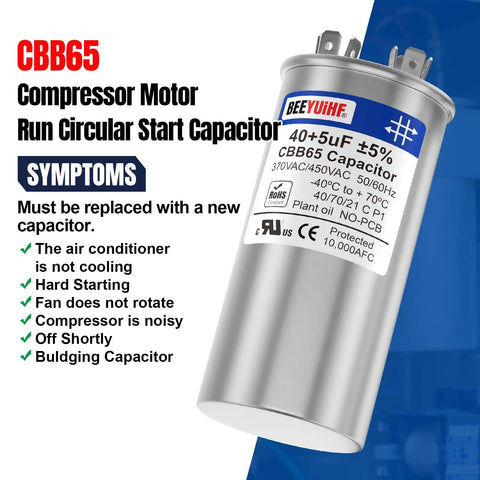 Beefed Up Heavy Duty Dual Run Capacitor 40 And 5 MFD CBB65 For AC Motors And Fans, 370 440 450V AC, 50 To 60 Hz, round CBB65 unit
