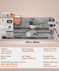 Diagram of Compact Metal Lathe 7 X 16 Inch 800W Desktop Lathe showing dimensions and specifications for metalworking and crafting.