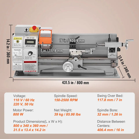 Diagram of Compact Metal Lathe 7 X 16 Inch 800W Desktop Lathe showing dimensions and specifications for metalworking and crafting.