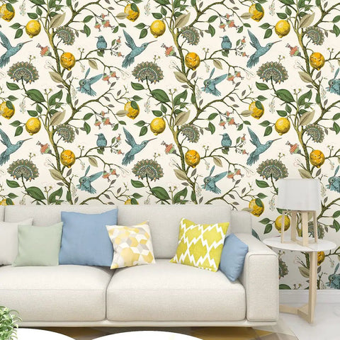 Living room with Blue Bird Peel And Stick Wallpaper With Fresh Lemon Tree Pattern Self Adhesive And Removable Waterproof Prepasted Contact Paper For Walls 17.7In By 9.8Ft Matte Textured Finish And Repositionable behind a beige sofa.