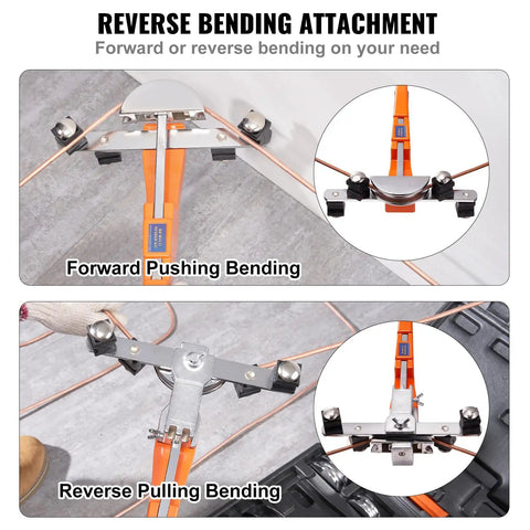 Vevor 1-4 To 7-8 Inch O.D. Ratcheting Pipe Tube Bender with forward and reverse bending attachments in use.