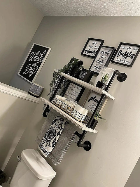 Dope Rustic Industrial Wall Shelves 24 Inch with Heavy Duty Pipe Frame Pine Wood Shelf Towel Bar Hooks in bathroom setting