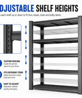 Adjustable shelf heights of Knockout Heavy Duty Tote Storage Rack With Adjustable 5 Tier Garage Shelving shown for customized use.