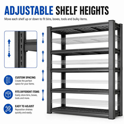 Adjustable shelf heights of Knockout Heavy Duty Tote Storage Rack With Adjustable 5 Tier Garage Shelving shown for customized use.