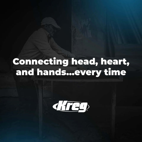 Kreg pocket-hole drill bit promo banner with workshop scene and Kreg logo