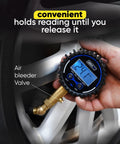 Digital Tire Pressure Gauge For Cars With 360 Degree Swivel Chuck Rugged Brass Body Wrapped In Protective Rubber Case Easy Valve Connection Accurate Readings Up To 200 PSI For Safe Tire Maintenance on car wheel