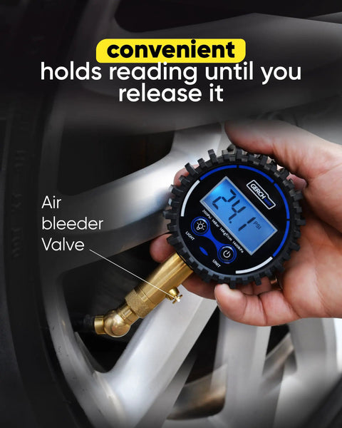 Digital Tire Pressure Gauge For Cars With 360 Degree Swivel Chuck Rugged Brass Body Wrapped In Protective Rubber Case Easy Valve Connection Accurate Readings Up To 200 PSI For Safe Tire Maintenance on car wheel