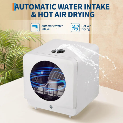 Plug And Play Portable Countertop Dishwasher With Zero Plumbing, Features Built-In Water Tank And Dual Faucet Connectors, No Sweat High Temp Sanitize Dry Cycle, Slick Compact Design Perfect For Dorms Or Rv Adventures with automatic water intake and hot air drying.
