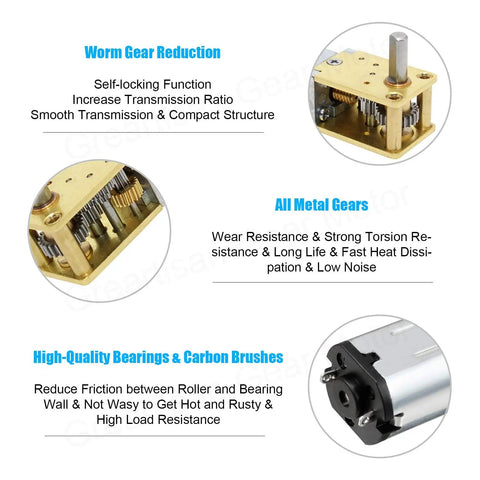 Diagram showing the DC 12V 27RPM Worm Gear Motor with metal gearbox, highlighting self-locking function, wear resistance, and high-quality bearings.