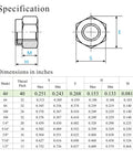 Technical specification of 4-40 Nylock Nuts Set, 304 Stainless Steel Nylon Insert Lock Nuts For Bolts, Silver, dimensions chart
