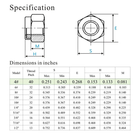 Technical specification of 4-40 Nylock Nuts Set, 304 Stainless Steel Nylon Insert Lock Nuts For Bolts, Silver, dimensions chart