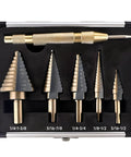 Step Drill Bit Set 5 Piece With 50 Sizes For Metal Aluminum Wood And Plastic HSS Titanium Coated Tri Flat Shank Center Punch Includes Aluminum Case Pro Edge Technology in aluminum case