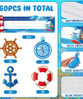 64 Piece Nautical Classroom Decor Bundle With Nameplates And Sailing Paper Cutouts Plus Glue Dot Sheets For Name Tags And Bulletin Board Borders Perfect For Teachers Admins And Kindergartens featuring 8 steering wheels, 8 compasses, 8 anchors, 8 lifebuoys, nameplates, and glue dots.