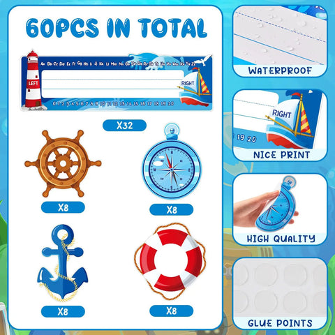 64 Piece Nautical Classroom Decor Bundle With Nameplates And Sailing Paper Cutouts Plus Glue Dot Sheets For Name Tags And Bulletin Board Borders Perfect For Teachers Admins And Kindergartens featuring 8 steering wheels, 8 compasses, 8 anchors, 8 lifebuoys, nameplates, and glue dots.