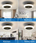Bladeless Ceiling Fan With Lights Remote Control Three Color Temperature Adjustable Wind Speeds Quiet Enclosed Low Profile Ceiling Fan For Your Bedroom Or Living Room With Built In Copper Motor shown in living room, bedroom, kitchen, dining room.