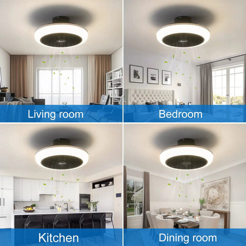 Bladeless Ceiling Fan With Lights Remote Control Three Color Temperature Adjustable Wind Speeds Quiet Enclosed Low Profile Ceiling Fan For Your Bedroom Or Living Room With Built In Copper Motor shown in living room, bedroom, kitchen, dining room.