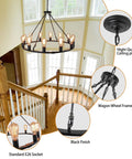 31.5 Inch Wagon Wheel Chandelier With 12 Lights Black Industrial Rustic Farmhouse Ceiling Fixture For Dining Room Foyer Living Room Or Kitchen Island With Soft Warm Glow And 360 Degree Lighting That Feels Modern Yet Vintage Vibe over staircase with detail view of ceiling plate and E26 socket