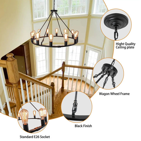 31.5 Inch Wagon Wheel Chandelier With 12 Lights Black Industrial Rustic Farmhouse Ceiling Fixture For Dining Room Foyer Living Room Or Kitchen Island With Soft Warm Glow And 360 Degree Lighting That Feels Modern Yet Vintage Vibe over staircase with detail view of ceiling plate and E26 socket