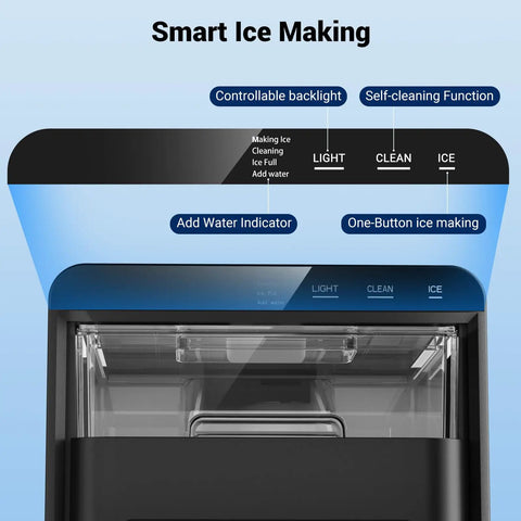 Control panel of Party Ready Nugget Ice Maker For Countertop With 44 Lbs Per Day And 5 Minute Ice Ready Soft Pellet Ice On Demand Self Cleaning Design