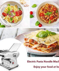 Automatic Electric Noodle And Pasta Maker, Stainless Steel kitchen appliance with pasta dishes and fresh noodles.