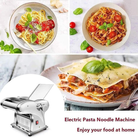 Automatic Electric Noodle And Pasta Maker, Stainless Steel kitchen appliance with pasta dishes and fresh noodles.