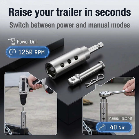 Heavy Duty Trailer Jack Drill Adapter Transform Your Power Drill Into Beast Mode Lifter stainless steel tool fitting a power drill.