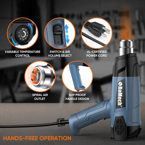 Beast 1500W Heat Gun Kit With Variable Temperature Control and Twin Airflow Settings includes 4 nozzles, blue color, shown with features.