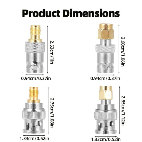 Pro Grade SMA To BNC Adapter Kit 12-Piece 50 Ohm RF Coaxial Connectors dimensions, copper & alloy, various sizes shown