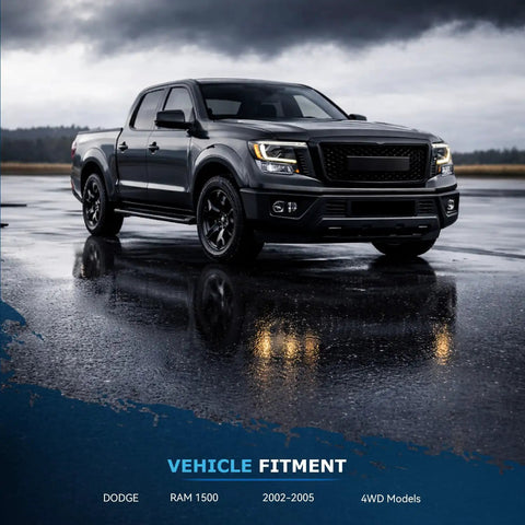 Image of a Dodge Ram 1500 2002-2005, 4WD model parked on wet pavement. Reflective surface highlighting vehicle fitment.
